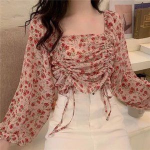 YesStyle Ever After Drawstring Floral Chiffon Blouse Pink OS